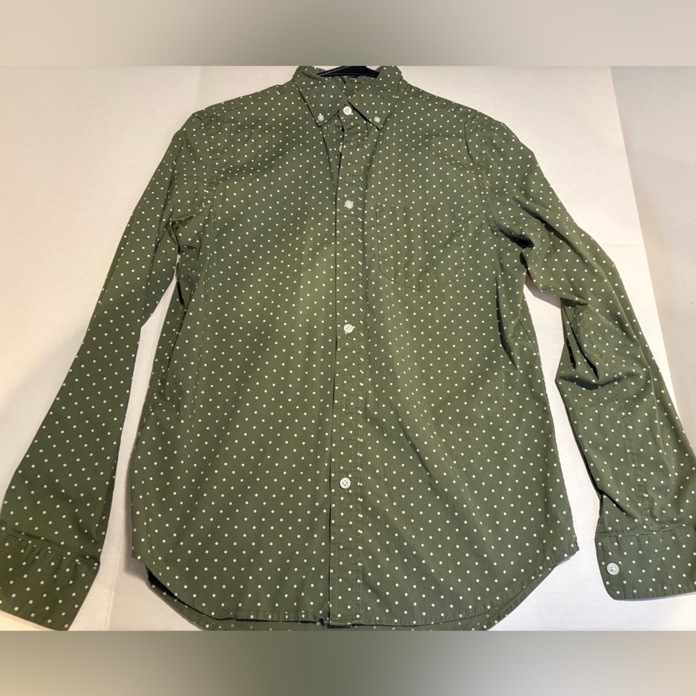 Mens Old Navy Small Long Sleeve Green With Polka Dots Button Up Slim Fit Flex